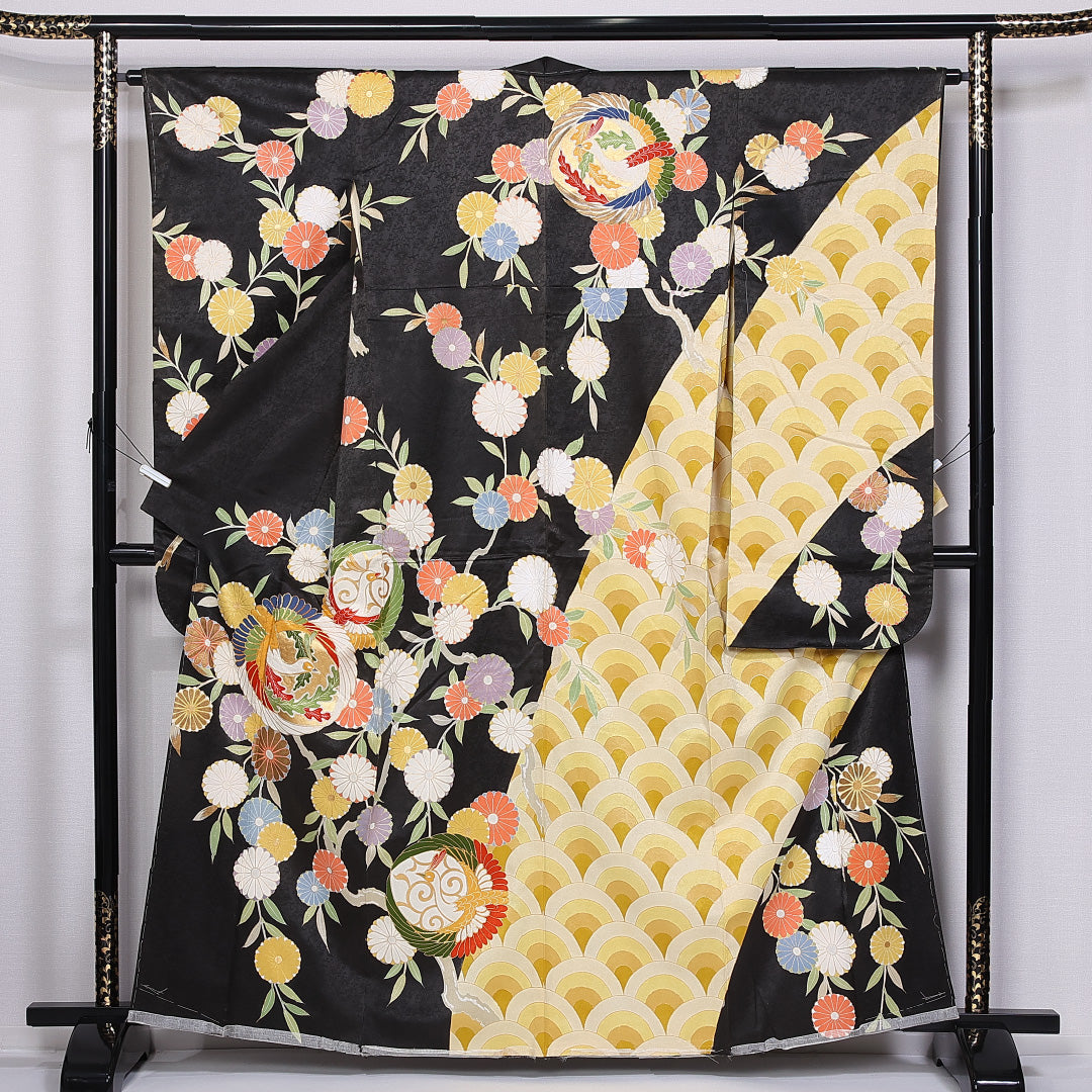 アンティーク 振袖 身丈161cm 裄丈63.5cm 袷 正絹 Aランク 広衿 青海波 菊 金駒刺繍 尾長鳥 1213-F0397