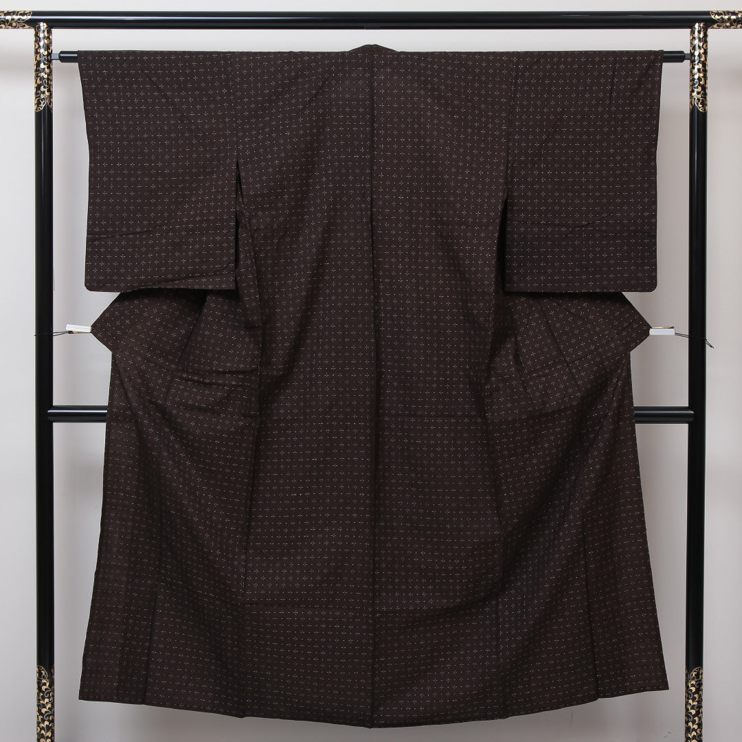 アンティーク 紬 夏物 夏紬 身丈150cm 裄丈62cm 正絹 Cランク Sサイズ バチ衿 十字絣 茶系 1216-02883