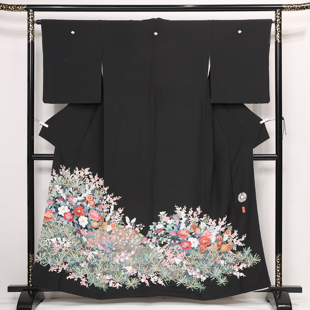 黒留袖 五つ紋 木瓜 香峯 身丈160cm 裄丈64.5cm Cランク 正絹 袷 比翼 広衿 L 落款 加賀友禅 鶴 牡丹 フォーマル 華やか 気品 黒系 1211-F0586