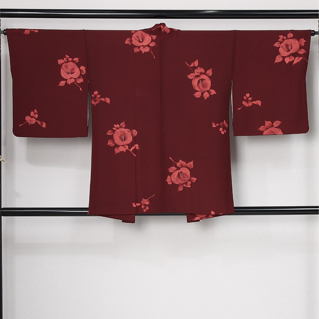 羽織 袷 身丈80cm 裄丈64cm 正絹 Aランク カジュアル Mサイズ 紐あり 花柄 赤系 M4 1232-12613
