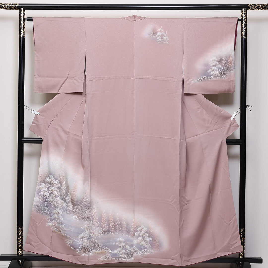訪問着 袷 身丈157cm 裄64.5cm 正絹 風景 手描き 金彩 Bランク 1212-00731