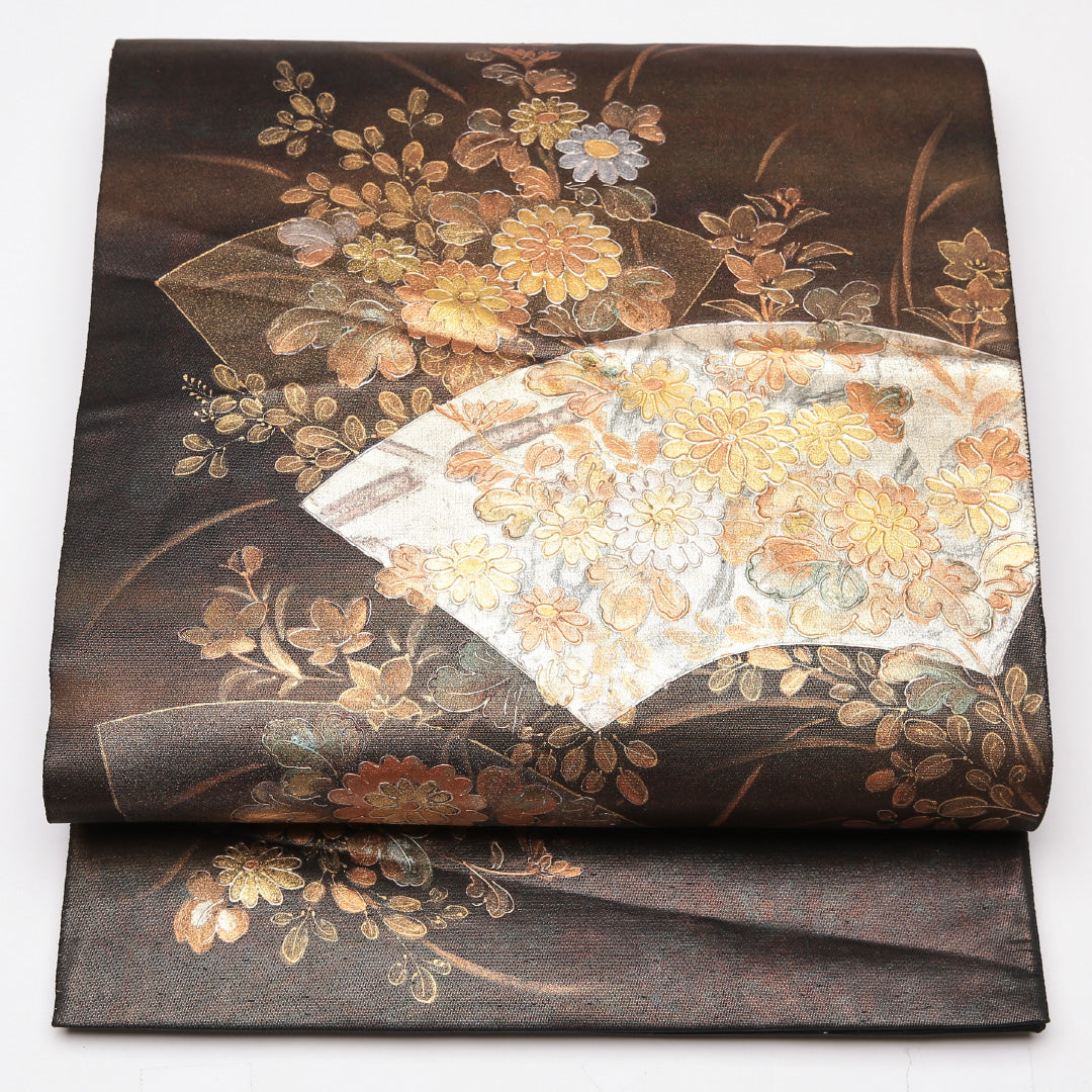 袋帯 帯丈436cm 六通 旭水 菊 作家物 友禅 フォーマル 落款 黒系 正絹 Aランク 1223-01196