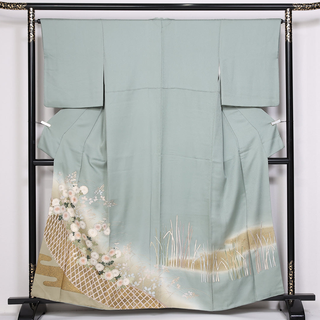 色留袖 身丈159cm 裄丈64cm Sランク 正絹 袷 広衿 M エ霞 菊 ぼかし 金彩 セミフォーマル 緑系 1211-F0290