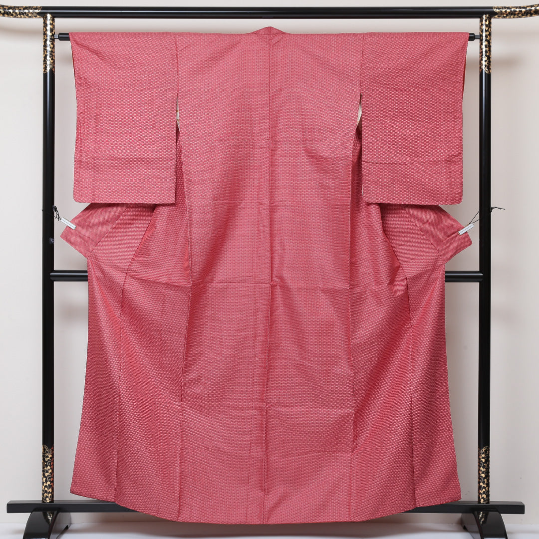 紬 袷 身丈161cm 裄丈64cm 正絹 Aランク カジュアル 広衿 Lサイズ 蚊絣 ピンク系 RP 1223-03000