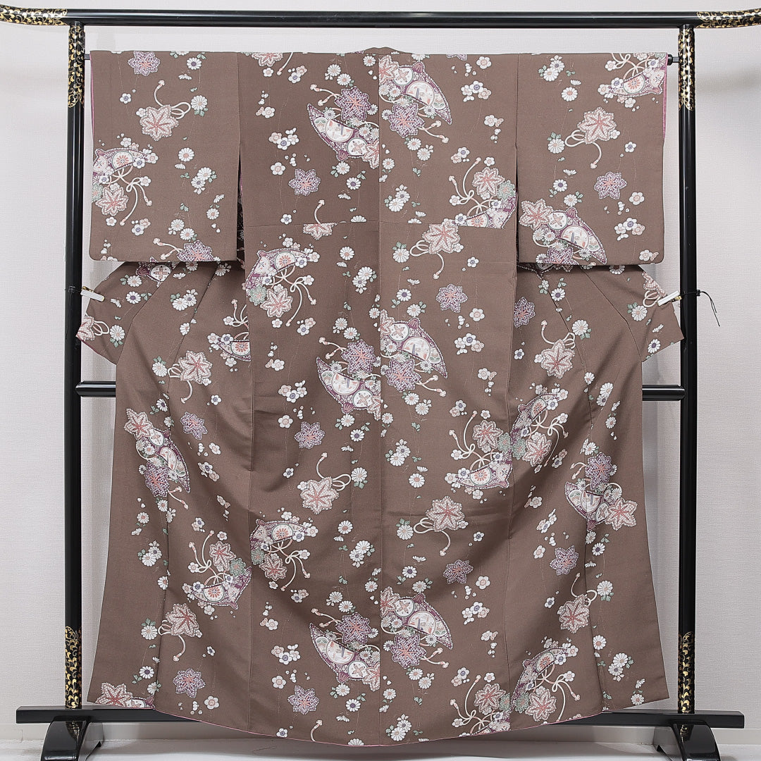 小紋 袷 身丈161cm 裄丈65cm 正絹 Cランク インフォーマル 広衿 Lサイズ 梅 紅葉 茶系 LP 1221-15602