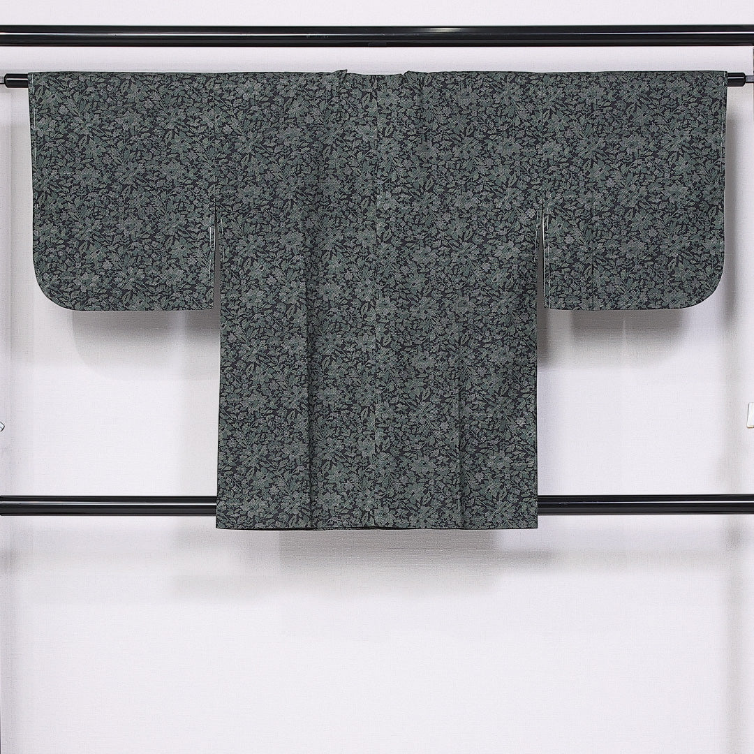 道行コート (大島紬) 袷 身丈83cm 裄丈63cm 正絹 Sランク インフォーマル Sサイズ 経緯絣 植物柄 緑系 RP 1237-10776