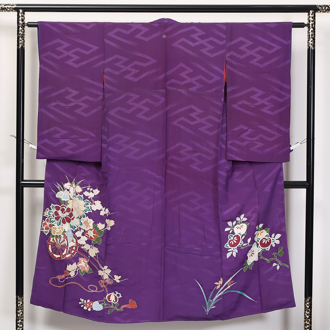 アンティーク 訪問着 (錦紗) 袷 身丈147cm 裄丈61cm 正絹 Cランク 一つ紋 (五三桐) 紋意匠 (紗綾型) バチ衿 XSサイズ 花車 橘 紫系 PO 1217-04628