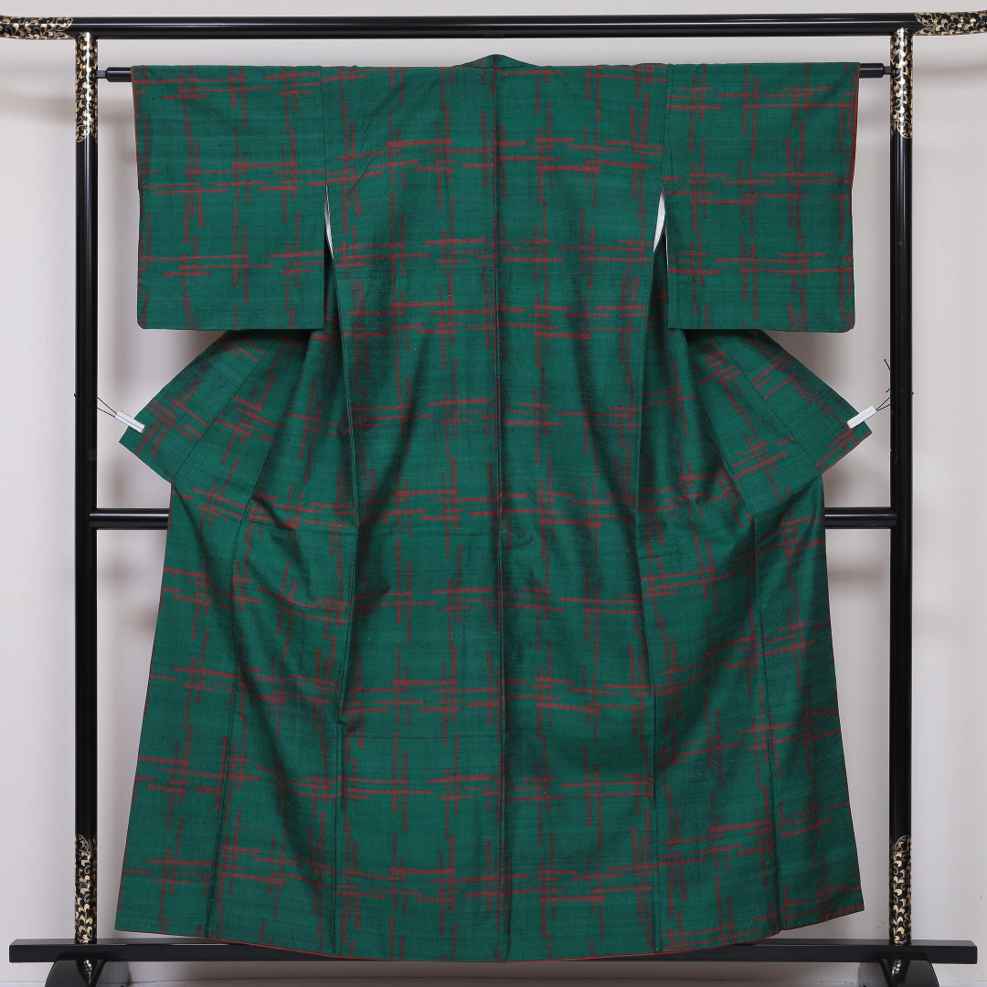 紬(真綿紬) 袷 身丈157cm 裄丈62cm 正絹 Sランク Mサイズ 広衿 カジュアル 創作柄 緑系 1216-03161