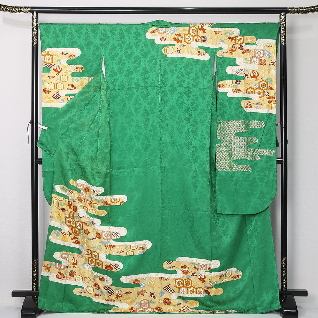 振袖 身丈170cm 裄丈67.5cm Aランク 正絹 袷 広衿 2XL エ霞 宝尽くし フォーマル 古典的 華やか 緑系 1213-F0492
