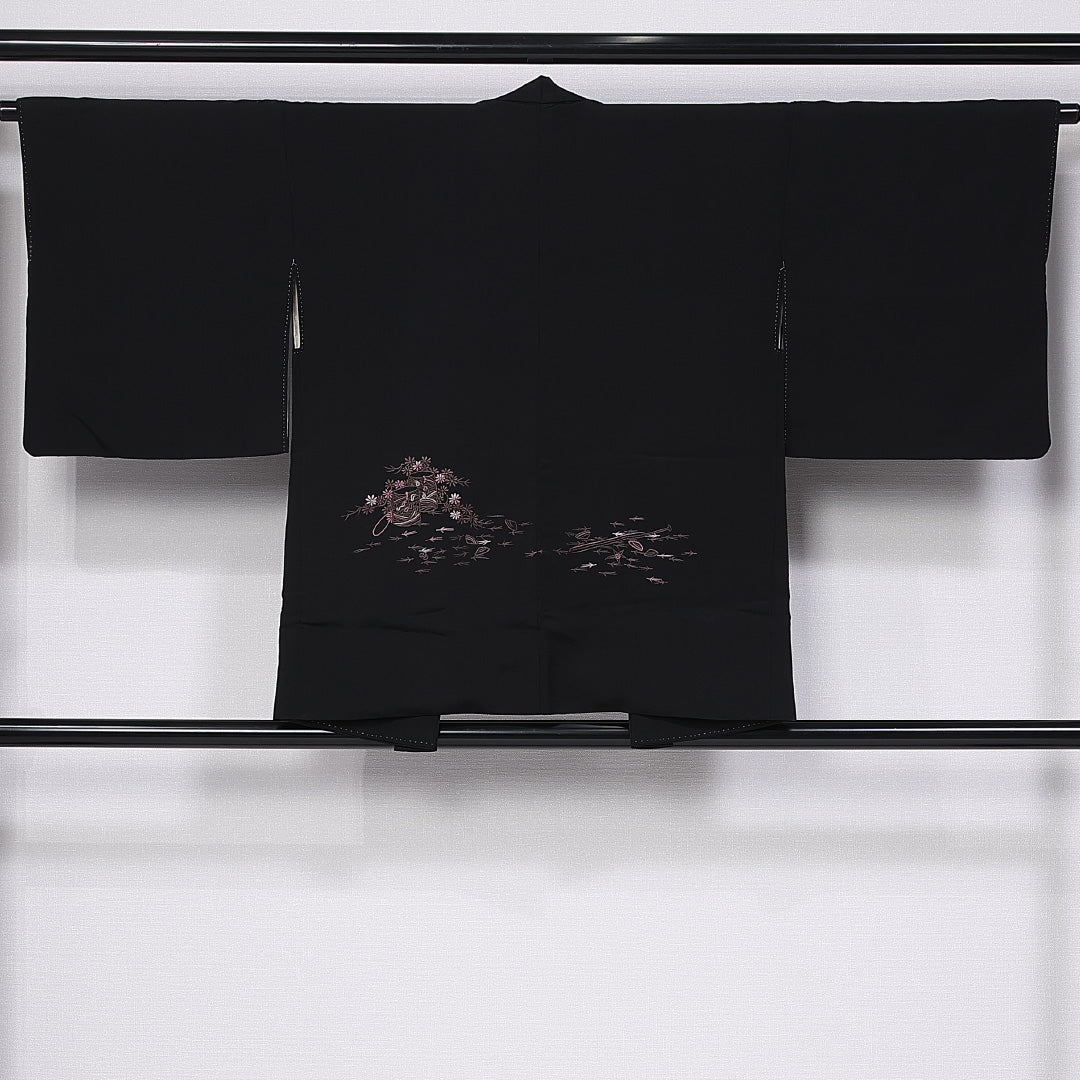 黒羽織 袷 身丈77cm 裄丈64cm 正絹 Aランク インフォーマル Mサイズ 刺繍 貝桶 菊 黒系 RP 1233-11122