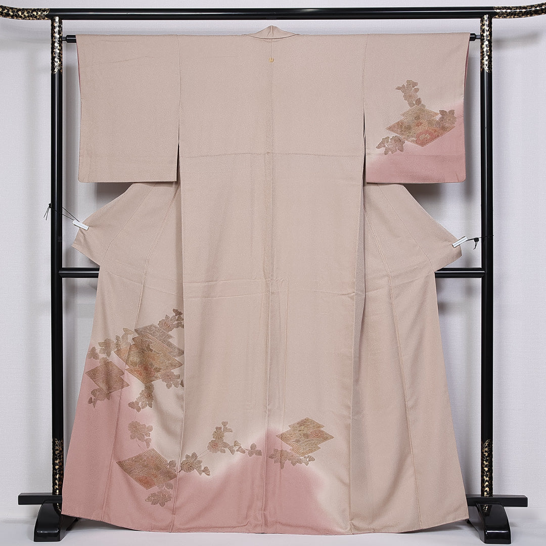 訪問着 身丈164cm 裄丈61.5cm Aランク 袷 一つ紋 正絹 広衿 汕頭刺繍 蘇州刺繍 松皮菱 菊 ぼかし 1212-10206