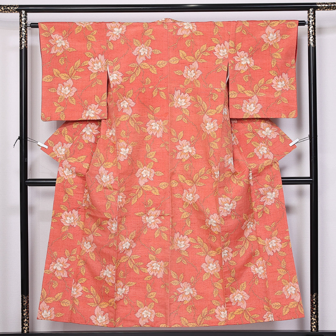 紬 袷 身丈152cm 裄丈63cm 正絹 Aランク カジュアル 広衿 Sサイズ 花柄 ピンク系 HP 1223-11023