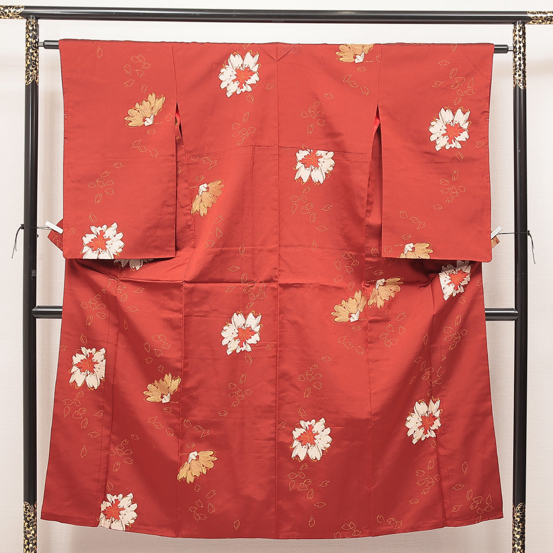 お召 赤系 正絹 袷 花柄 1222-17026 背面全体