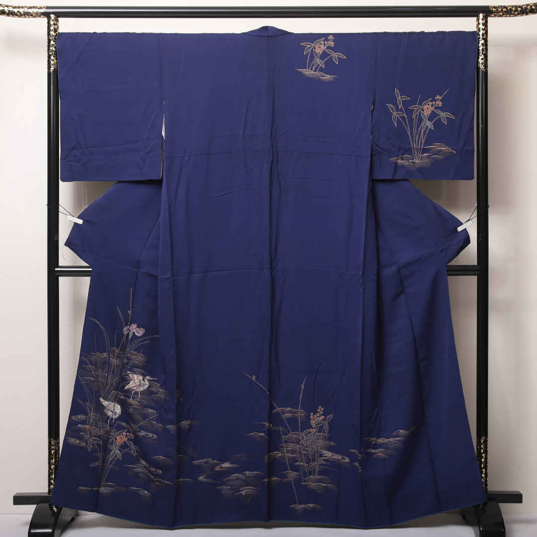 訪問着 袷 身丈160~164cm 裄69cm 正絹 鴛鴦や菖蒲 金彩 青系 Bランク 1212-00594