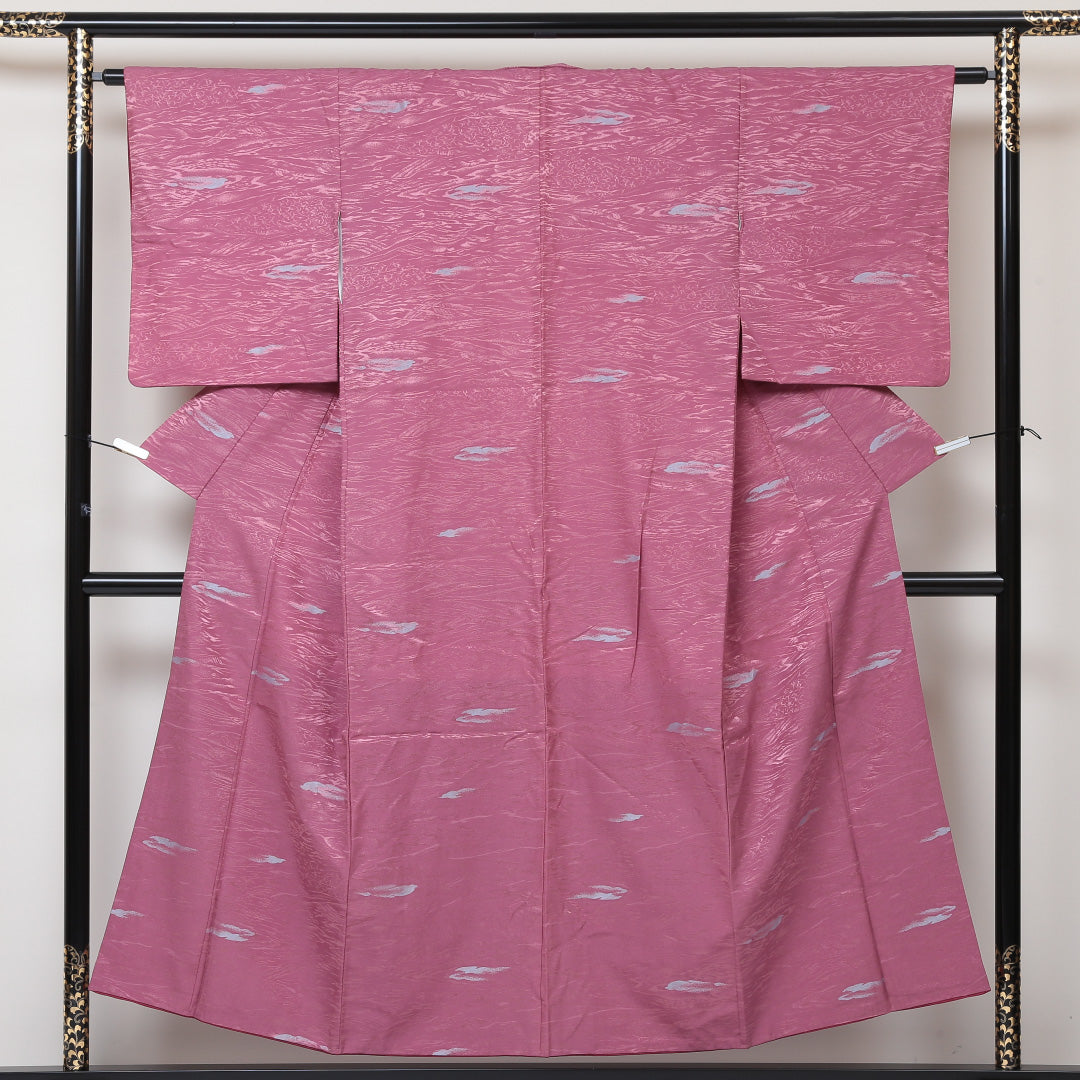 お召 袷 身丈149cm 裄丈62cm 正絹 Aランク インフォーマル 広衿 XSサイズ 幾何学柄 ピンク系 RP 1222-03031