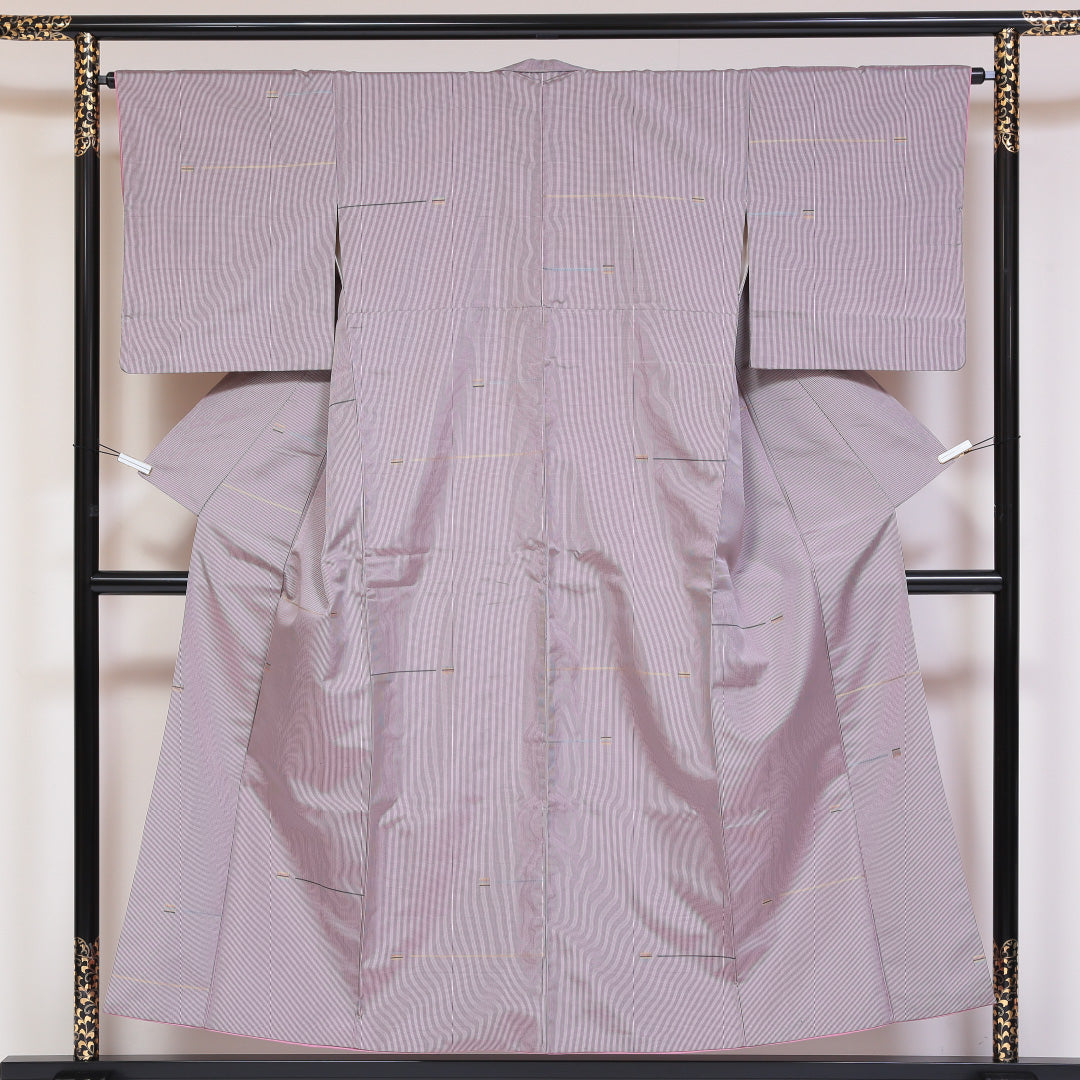 紬 袷 身丈152cm 裄丈65cm 正絹 Bランク Sサイズ 広衿 カジュアル 創作柄 紫系 1216-03176