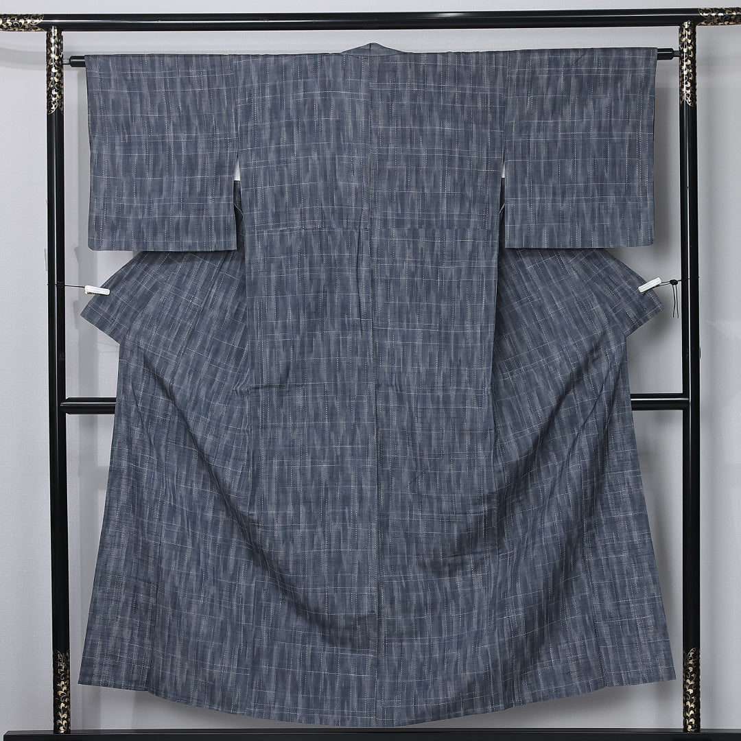 紬 単衣 身丈152cm 裄丈62cm 正絹 Cランク カジュアル 広衿 Sサイズ 肩当て 格子 紺系 LP 1223-12254