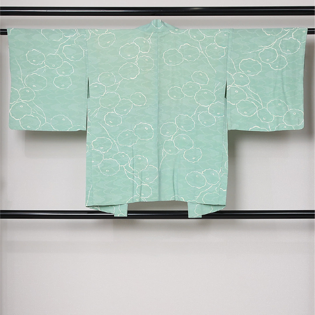 羽織 袷 身丈75cm 裄丈62cm 正絹 Aランク カジュアル Sサイズ 紐あり 菊 緑系 RP 1232-12864