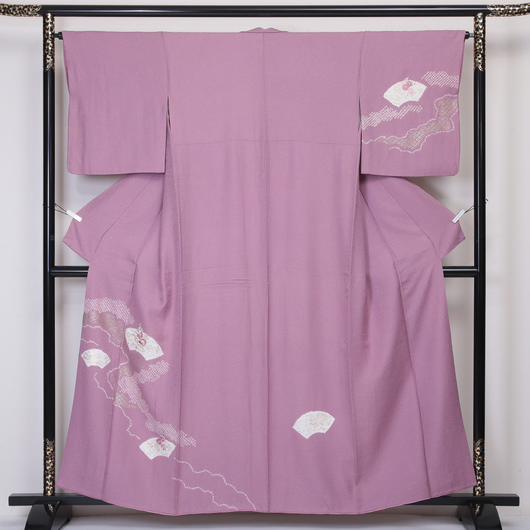 訪問着 袷 身丈155~159cm 裄64cm 正絹 蘇州刺繡 檜扇 ピンク系 ふくれ織 Bランク 1212-00567