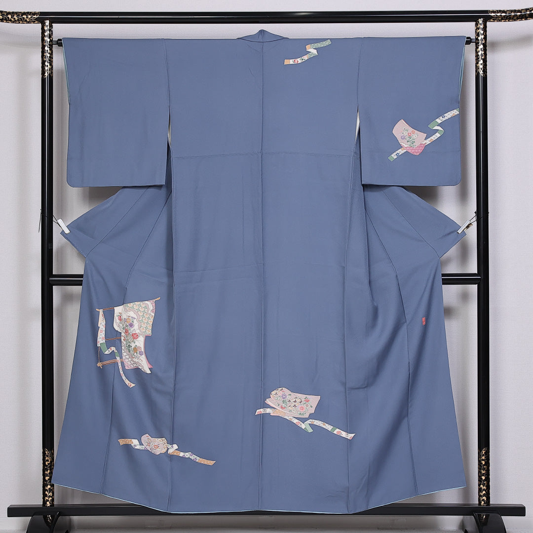 訪問着 袷 身丈154cm 裄丈62cm 正絹 Sランク 紋意匠 (紗綾型) セミフォーマル 広衿 Sサイズ 泰明 落款 几帳 菊 青系 RP 1217-10140