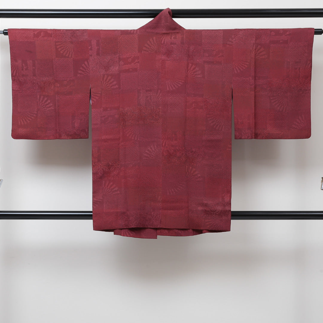 道中着 袷 身丈85cm 裄丈63cm 正絹 Aランク Sサイズ カジュアル ふくれ織 市松 赤系 1264-05748