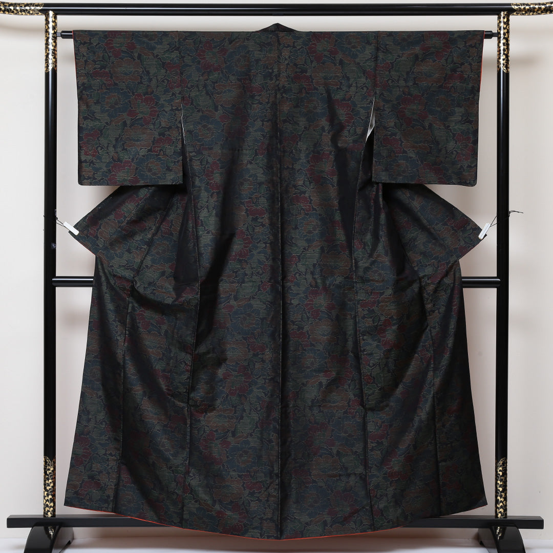 大島紬 袷 身丈159cm 裄63.5cm 正絹 黒系 Aランク 緯総絣 花柄 1216-00529-3310 1216-00529