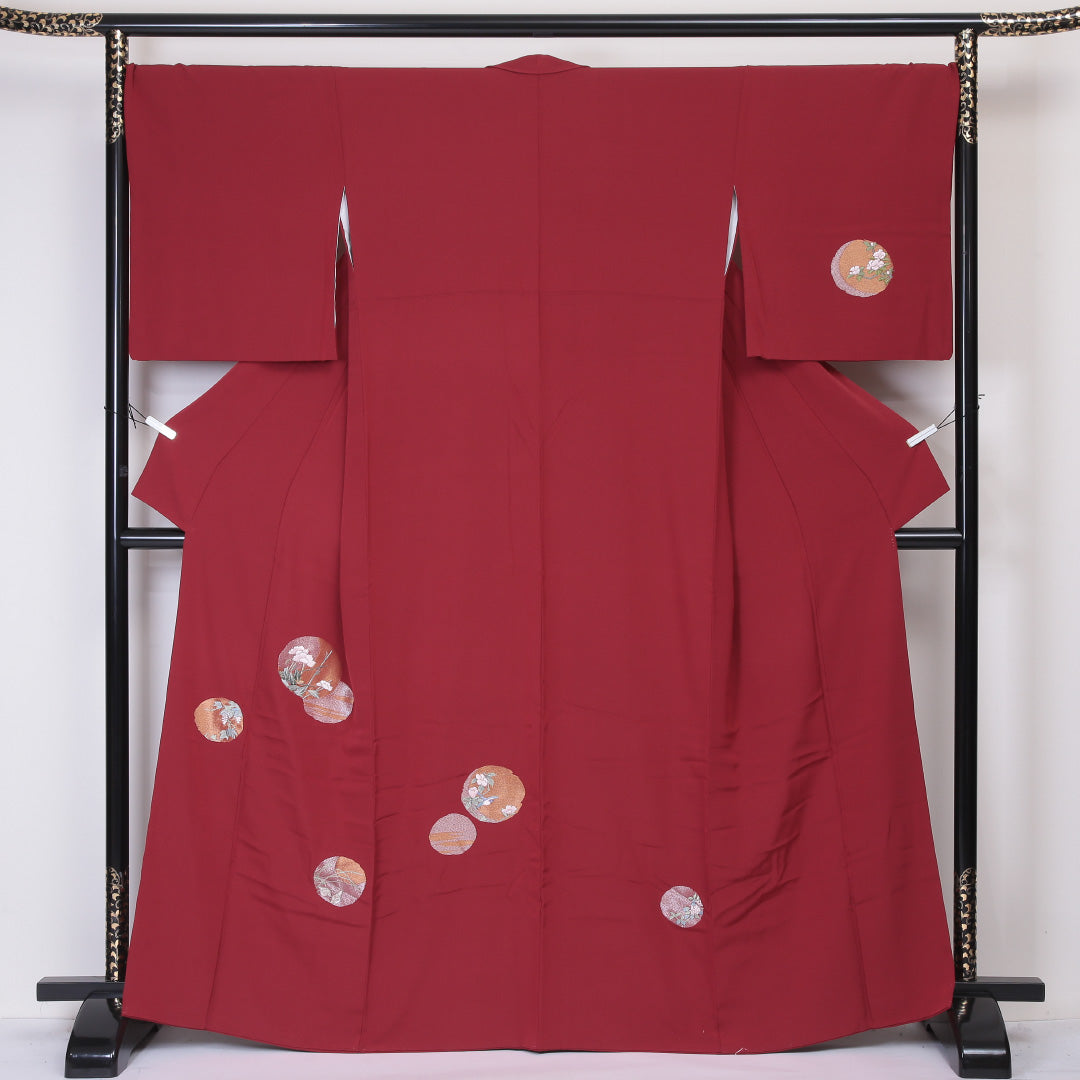 付下げ 袷 身丈160~164cm 裄68cm 正絹 丸文 刺繍 葡萄 赤系 Sランク 1212-00584