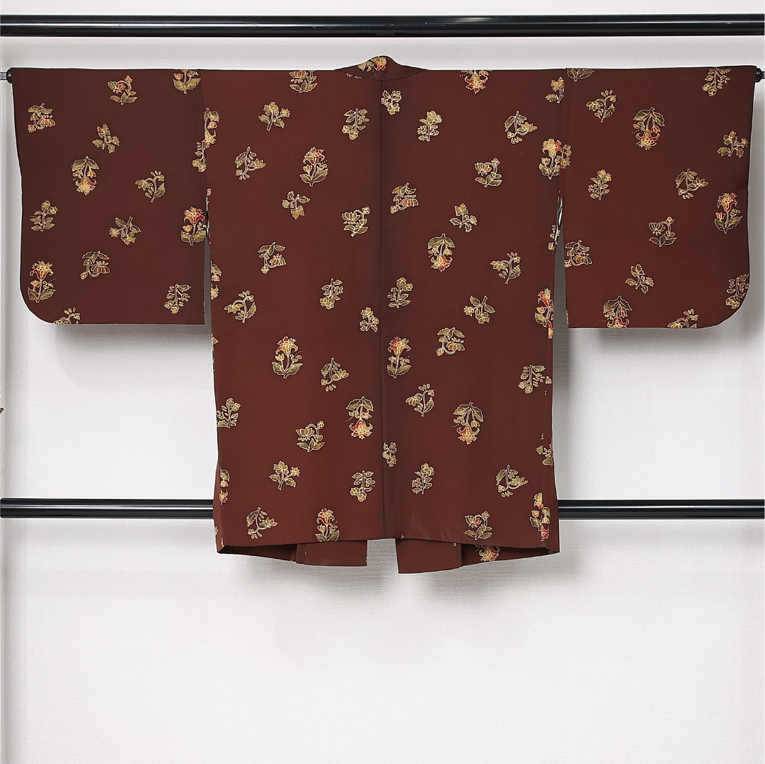 道中着 袷 身丈85cm 裄丈65cm 正絹 Bランク カジュアル Mサイズ 花柄 茶系 RP 1236-12907
