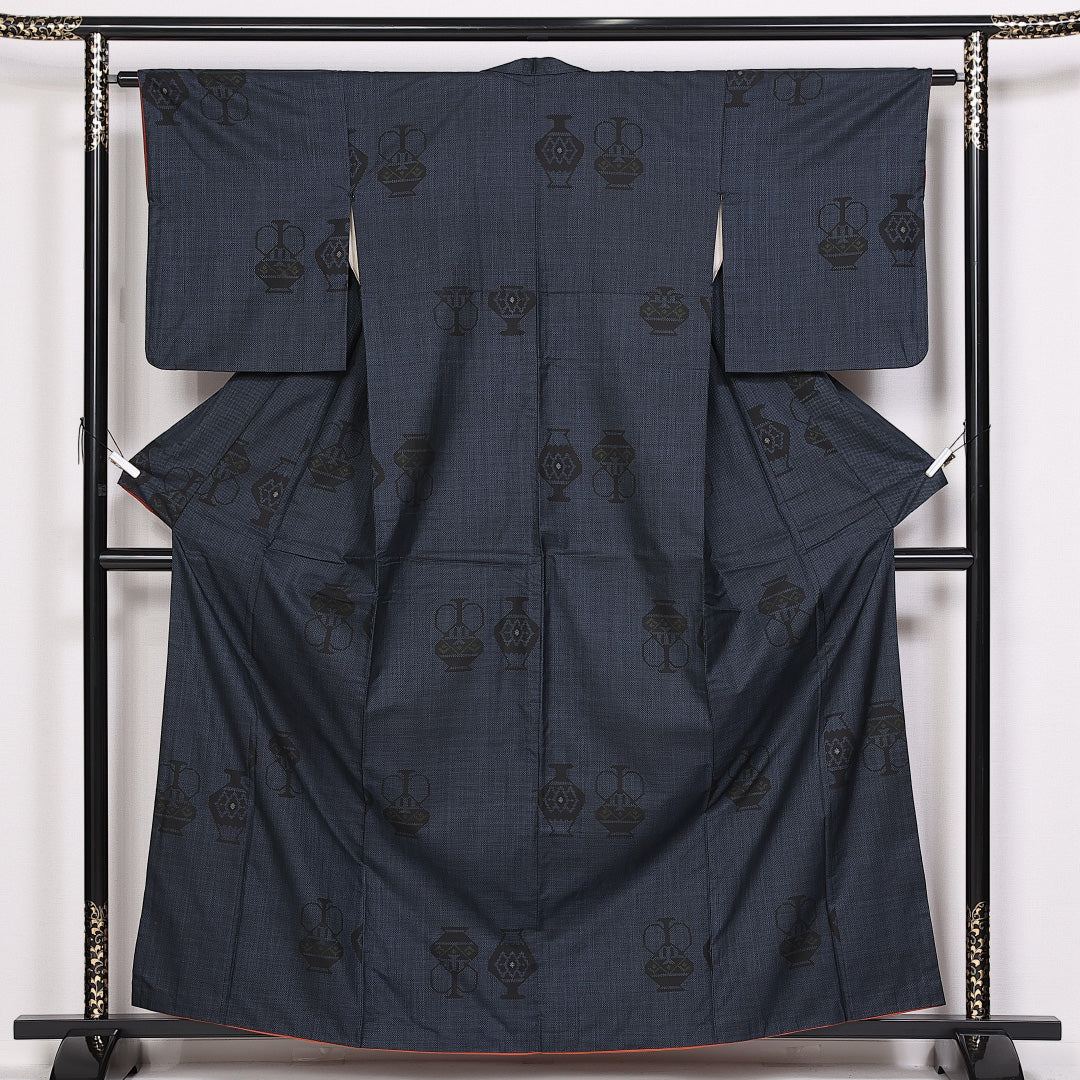 大島紬 袷 身丈160cm 裄丈61cm 正絹 Aランク インフォーマル 広衿 Lサイズ 壺 紺系 RP 1223-10119