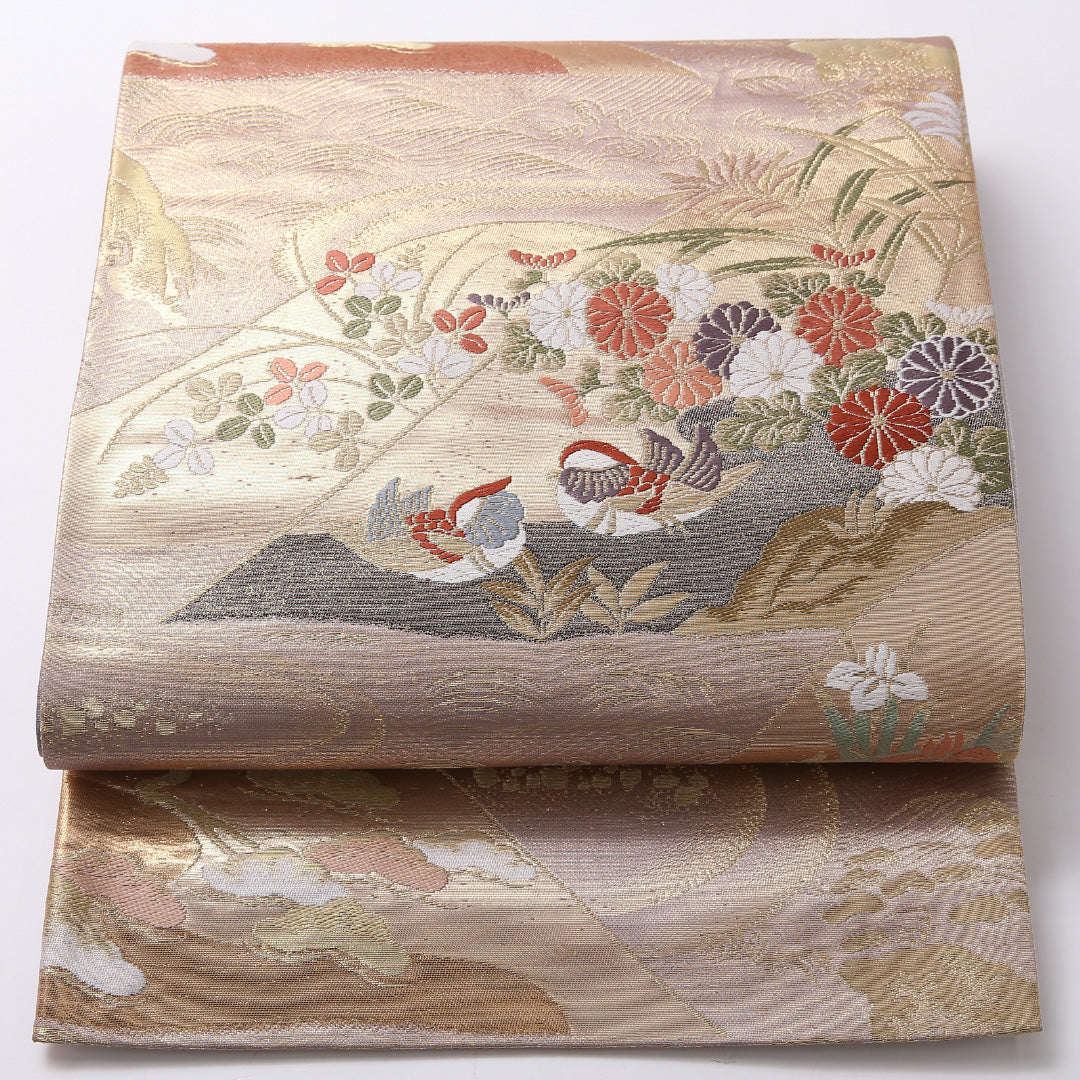 袋帯 帯丈418cm 正絹 六通 フォーマル 本金箔 鴛鴦 山水 金系 ベージュ系 1243-01688