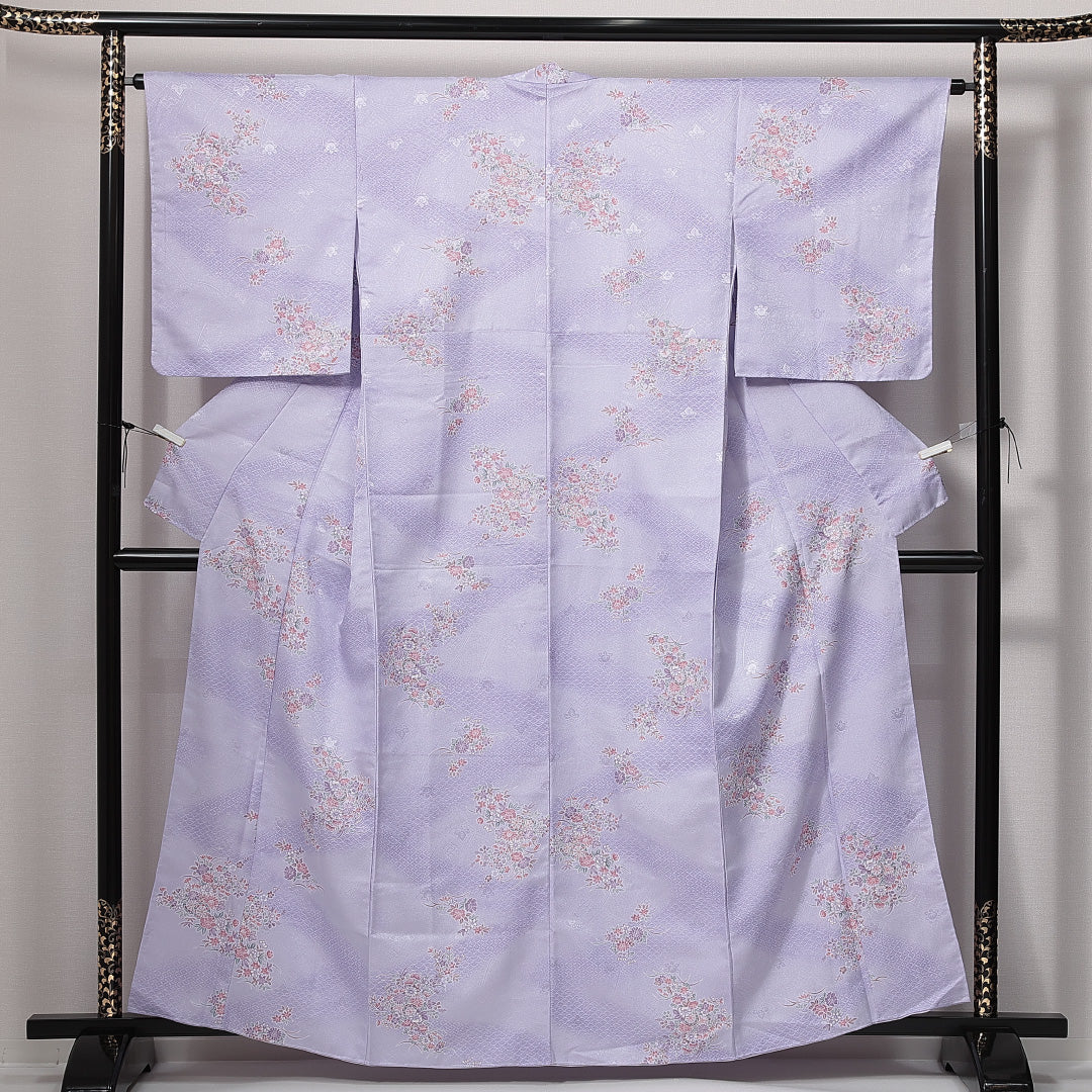 小紋 洗える着物 袷 身丈161cm 裄丈63cm ポリエステル Sランク Lサイズ 広衿 インフォーマル 花車 紫系 1215-14827
