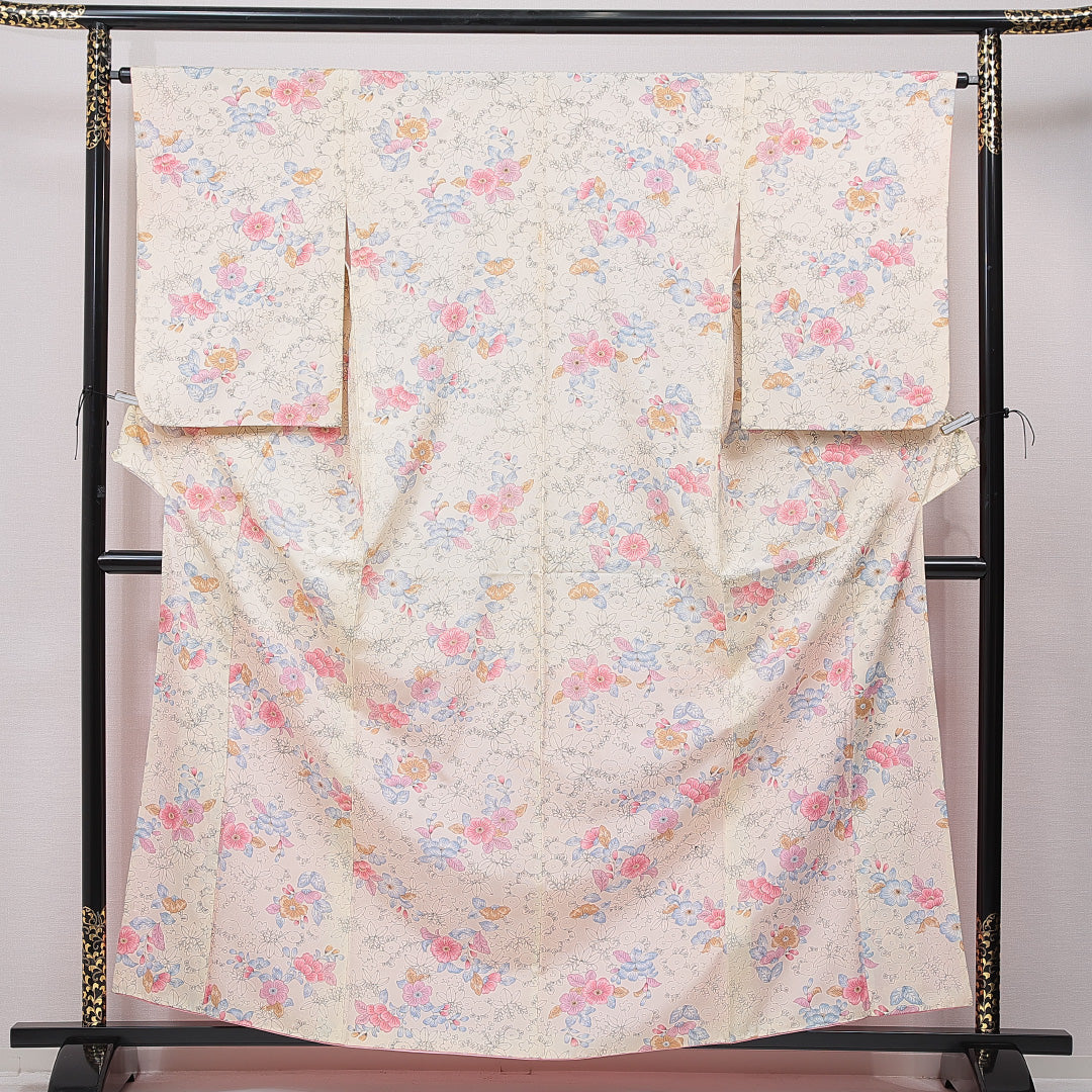 小紋 洗える着物 袷 身丈161cm 裄丈64cm ポリエステル Cランク Lサイズ 広衿 インフォーマル 花柄 クリーム系 1215-15637