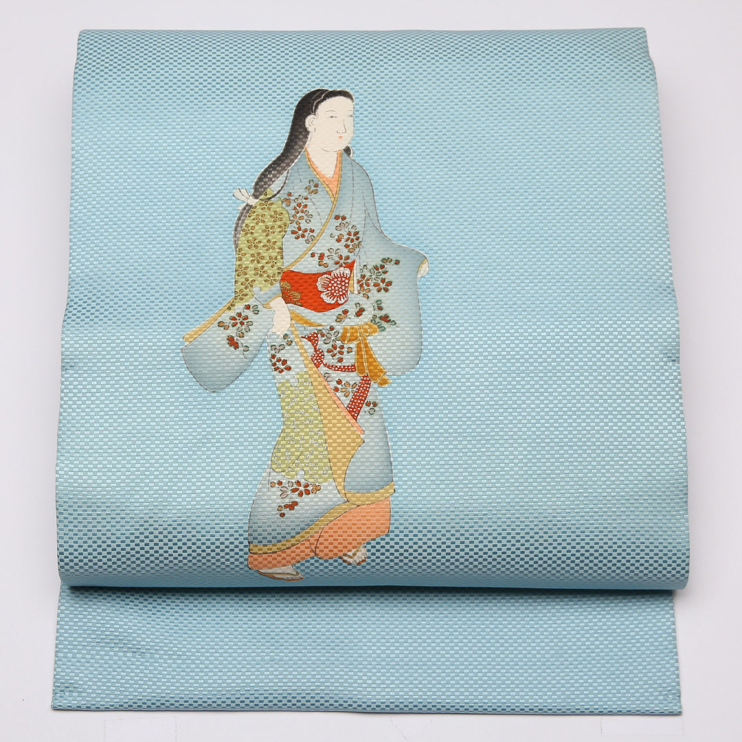 未使用品 九寸名古屋帯 Nランク 帯丈367cm 正絹 ポイント柄 名古屋仕立て 染め インフォーマル 大和美人文 水色系 M4 1245-01504