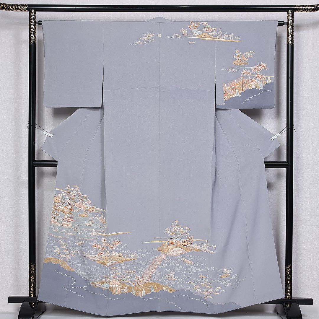 訪問着 身丈159cm 裄丈61.5cm Aランク 袷 一つ紋 正絹 広衿 剣片喰 刺繍 茶屋辻 風景 1212-10207