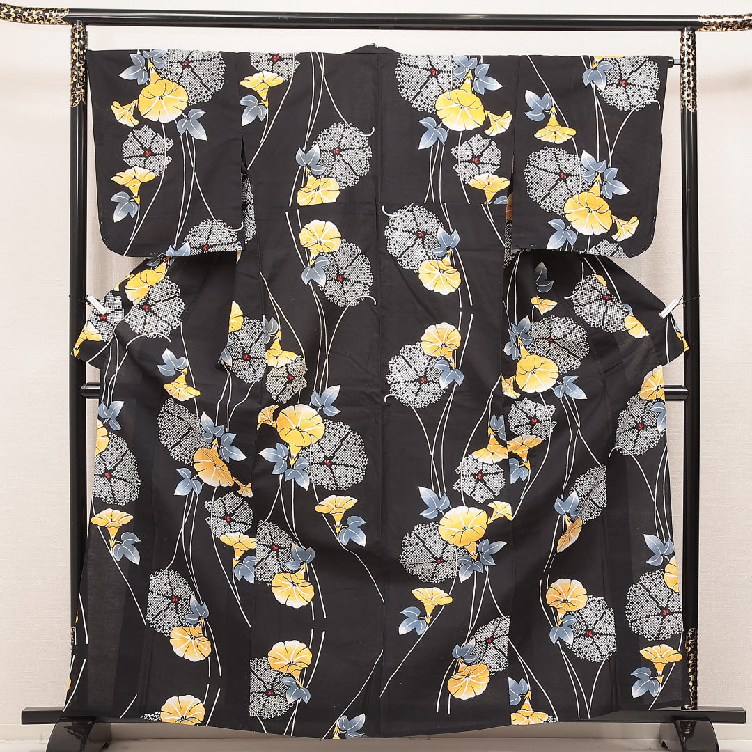 浴衣 黒系 木綿 単衣 朝顔 1225-17118 背面全体