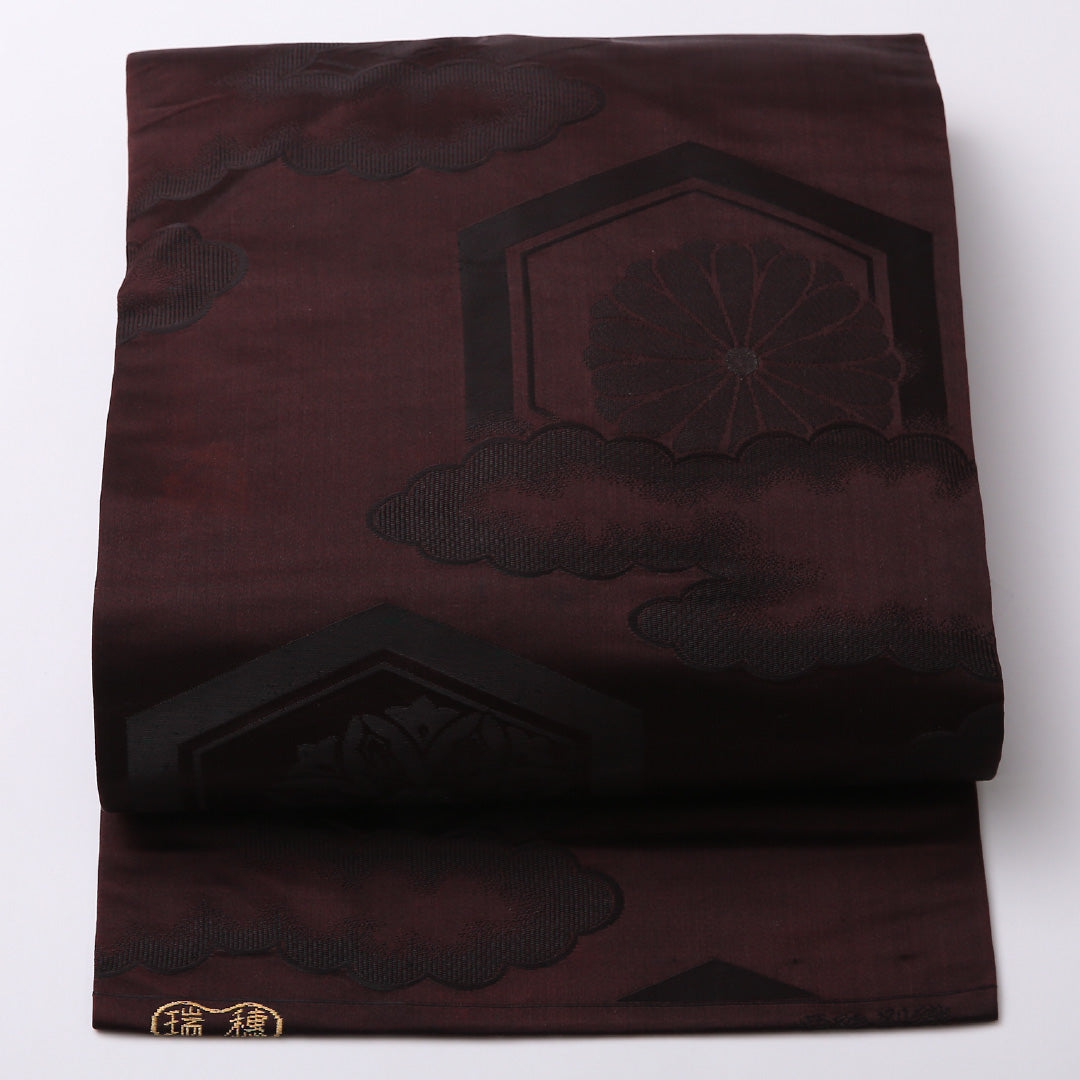 アンティーク 九寸名古屋帯 Aランク 帯丈325cm 正絹 六通 名古屋仕立て 織り 雲 菊 赤系・紫系 RP 1245-02684