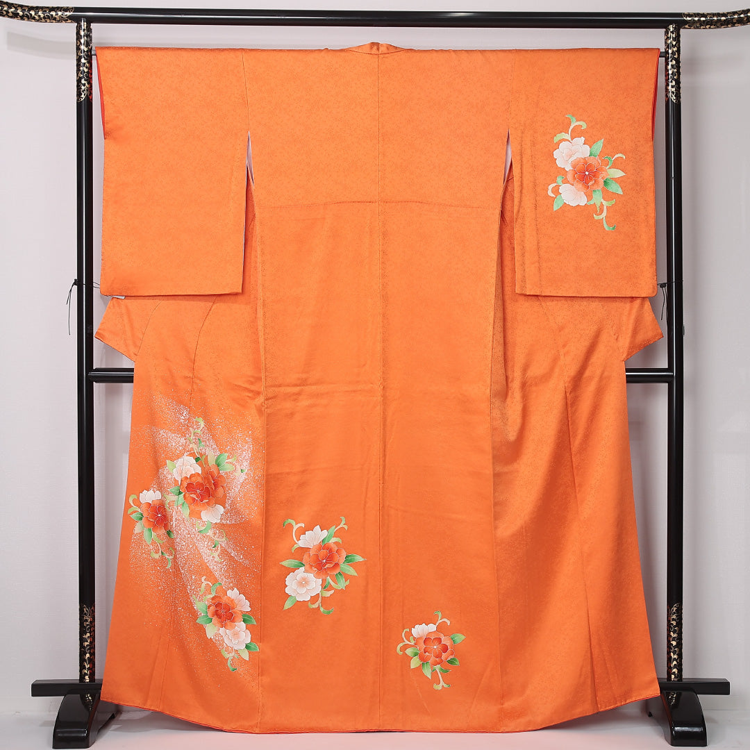 付下げ 袷 身丈162cm 裄丈66cm 正絹 Aランク インフォーマル 広衿 Lサイズ 刺繍 牡丹 朱系 RP 1218-12439