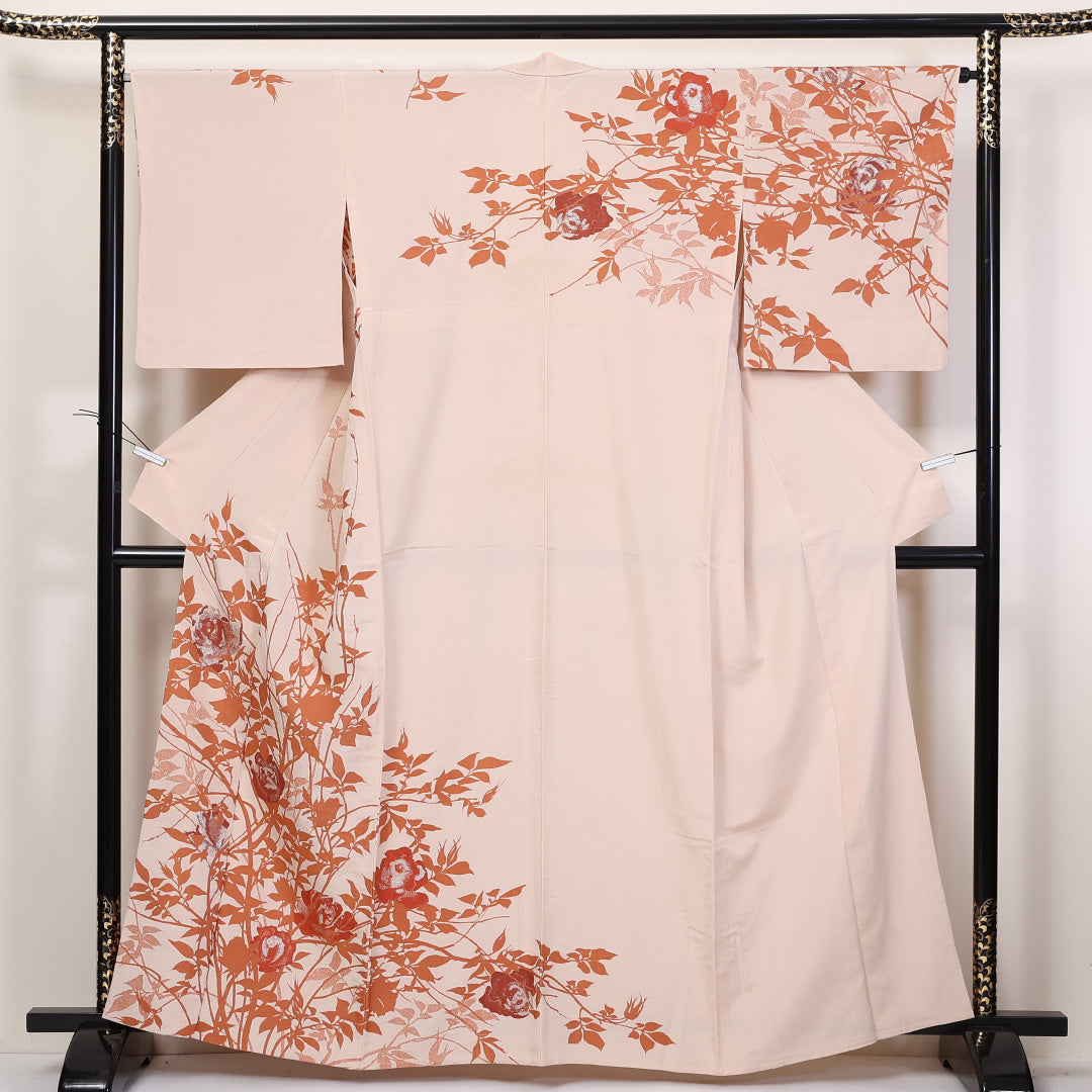 アンティーク お召 紬 単衣 身丈162cm 裄65.5cm 正絹 訪問着 漆糸 薔薇 クリーム系 Bランク 1216-01252