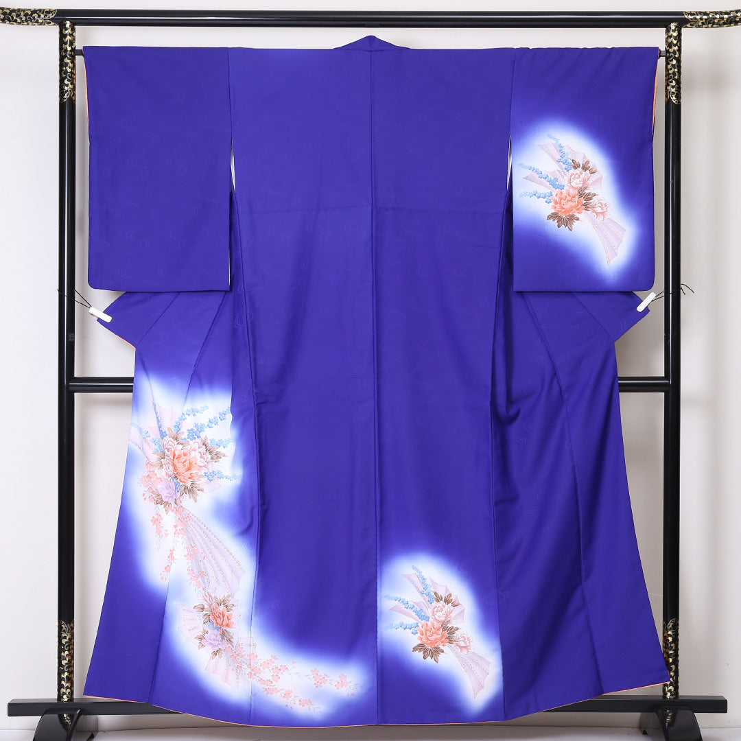 訪問着 袷 身丈159cm 裄丈66cm 正絹 Sランク セミフォーマル 広衿 Mサイズ 牡丹 青系 RP 1217-04477