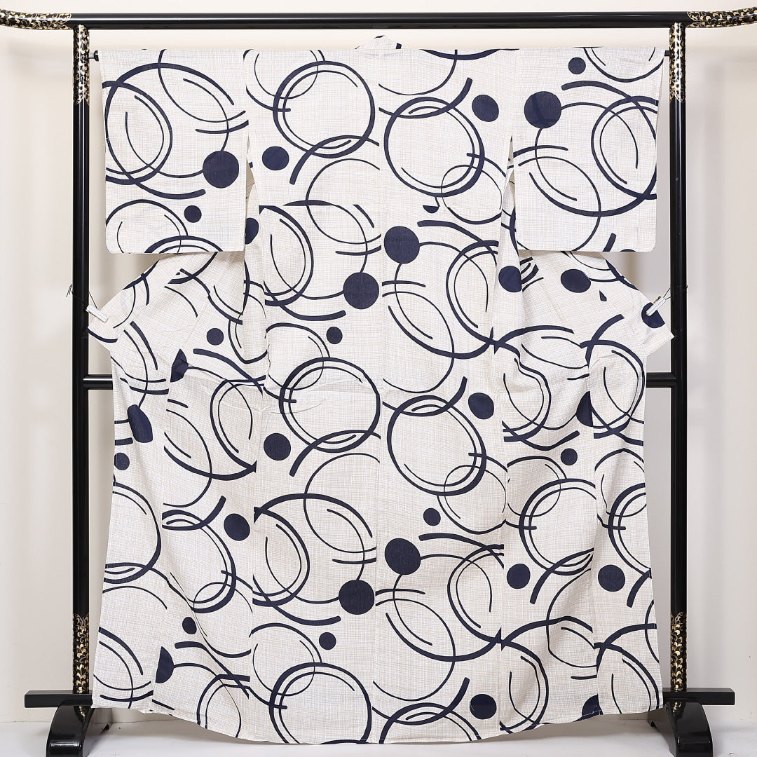 新品 綿麻 浴衣 身丈163cm 裄丈67cm 洗える着物 幾何学 白系 Nランク 1218-00084
