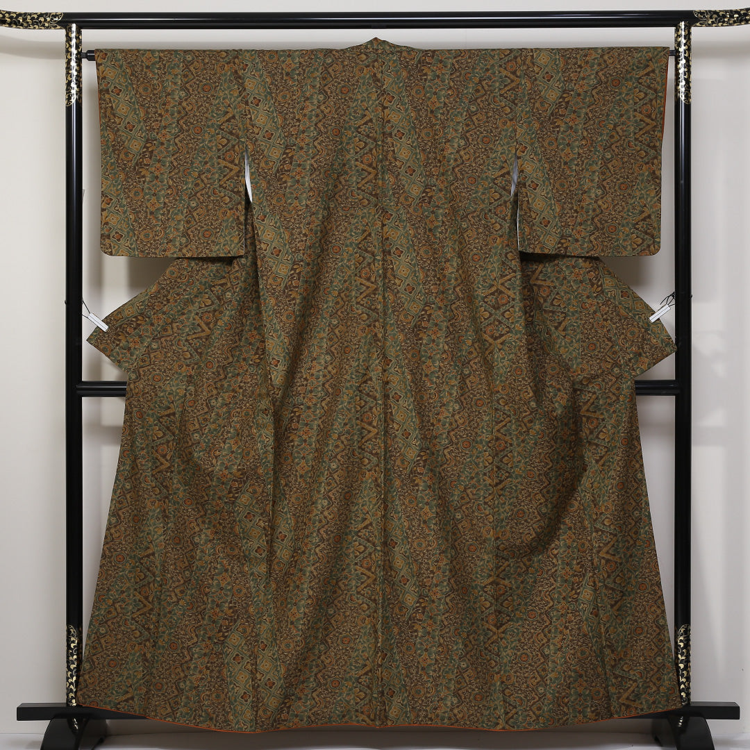 小紋 袷 身丈160cm 裄65cm 茶系 ボタニカル オリエンタル 更紗 紬 正絹 Sランク 真綿紬 1215-01677-2414