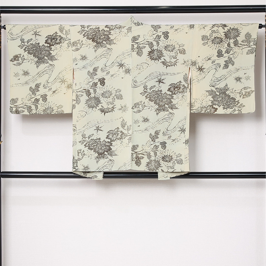 羽織 袷 身丈77cm 裄丈64cm 正絹 Cランク カジュアル Mサイズ 紐あり 菊 クリーム系 LP 1232-12919