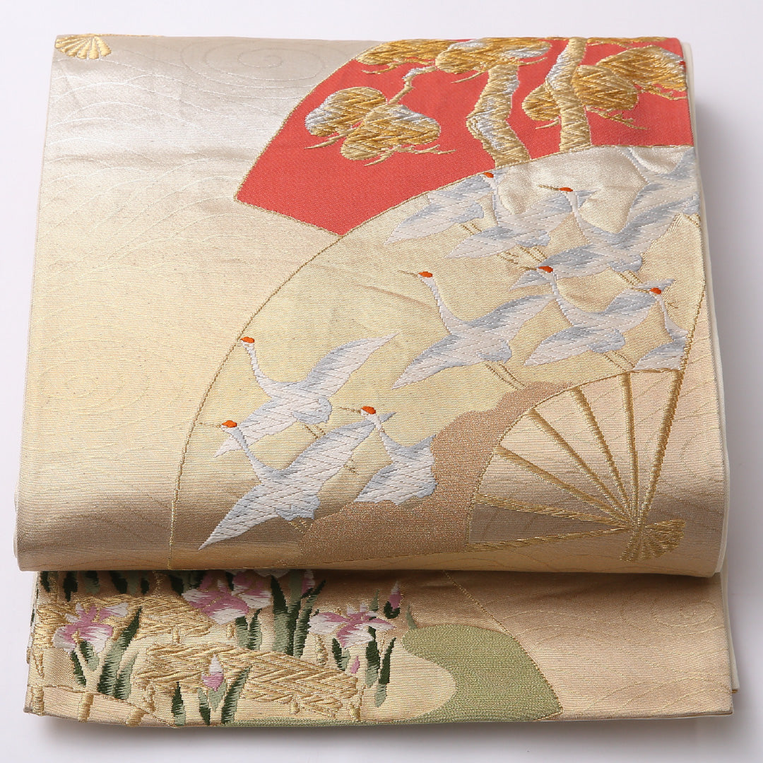 袋帯 帯丈424cm 正絹 六通 フォーマル 更紗 花扇 松鶴 八橋 金系 1243-01438