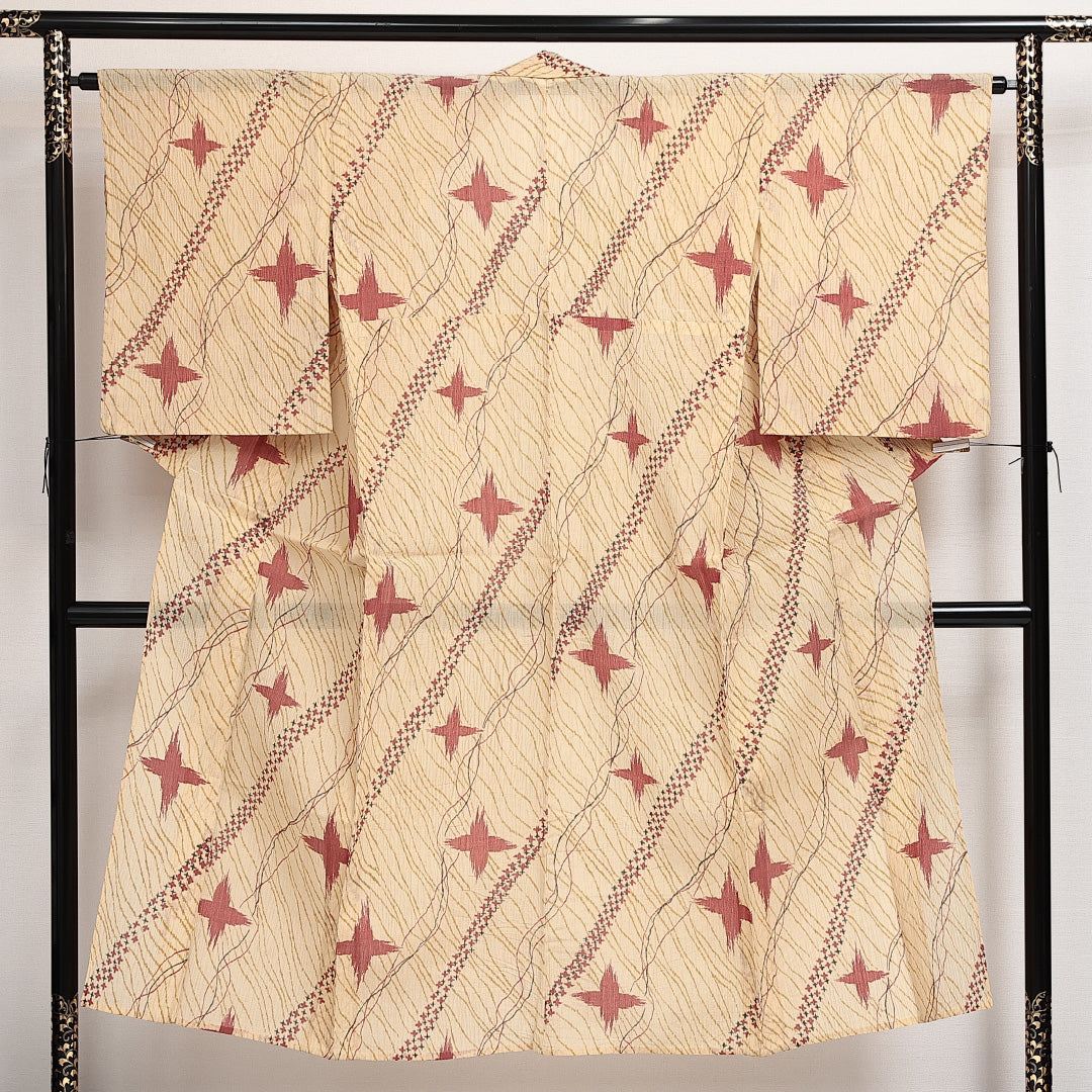 小千谷縮 夏物 洗える着物 身丈146cm 裄丈64cm Sランク 麻 バチ衿 XSサイズ カジュアル 十字絣 素朴 遊び心 ベージュ系 朱系 1216-14022