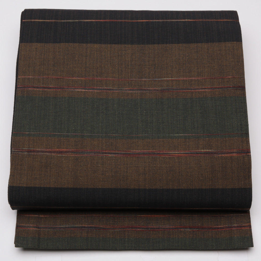 未使用品 袋帯 帯丈432cm 全通 縞 紬 リバーシブル カジュアル 紺系 正絹 Sランク 1223-01113