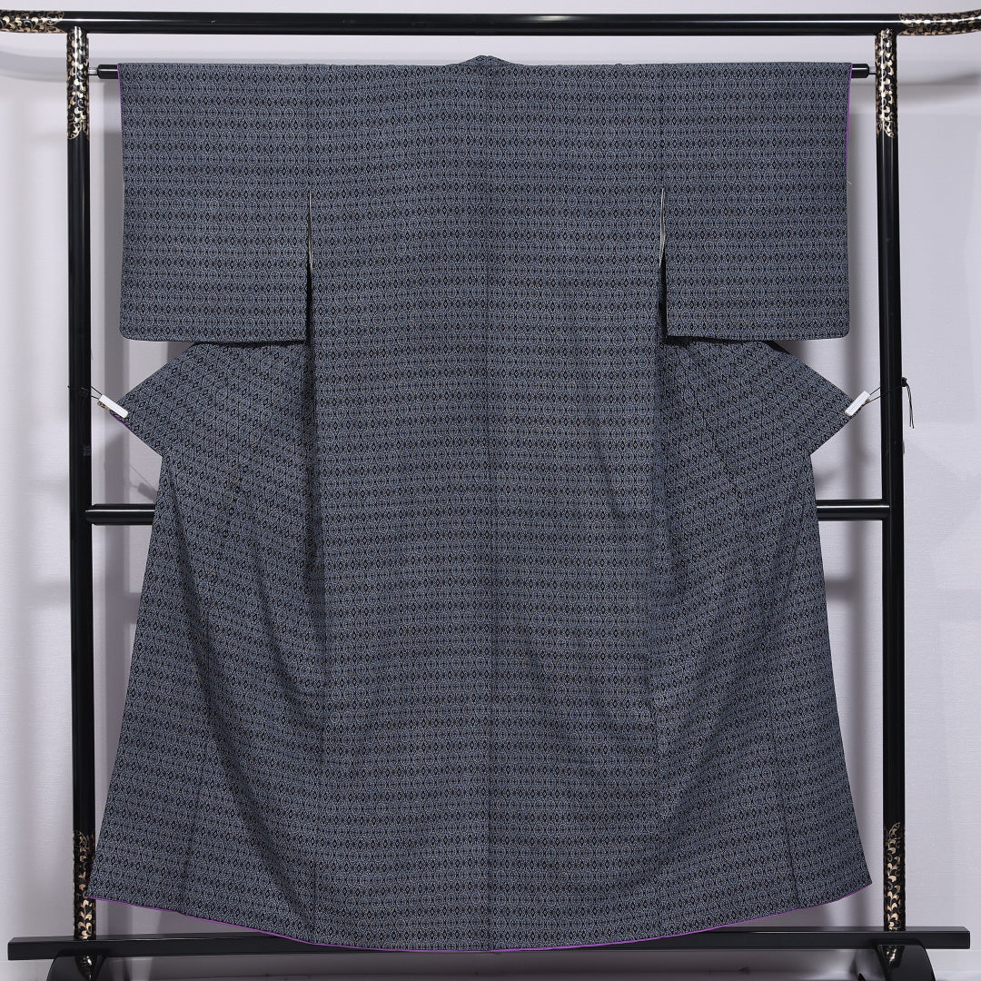 小紋 袷 身丈155cm 裄丈63cm 正絹 Aランク インフォーマル 広衿 Mサイズ 創作柄 黒系 RP 1221-11864