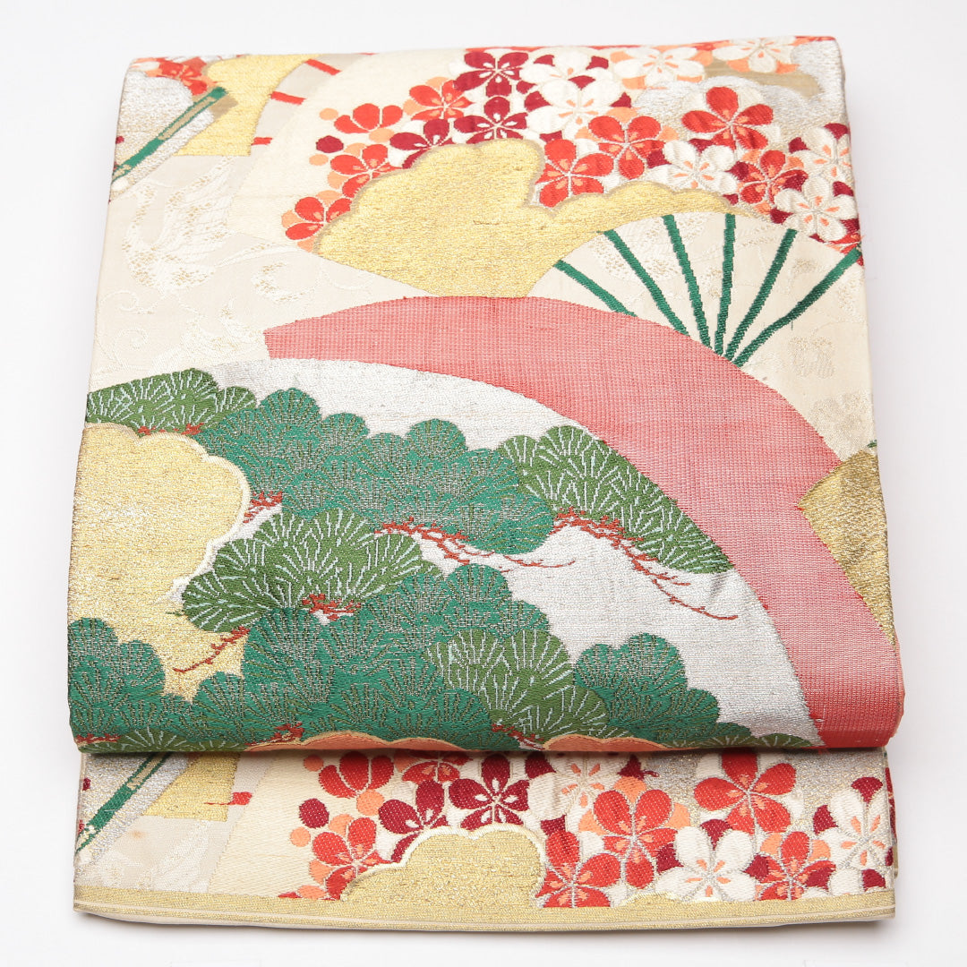 アンティーク 袋帯 帯丈412cm 正絹 全通 花扇 金箔 クリーム系 1243-01265