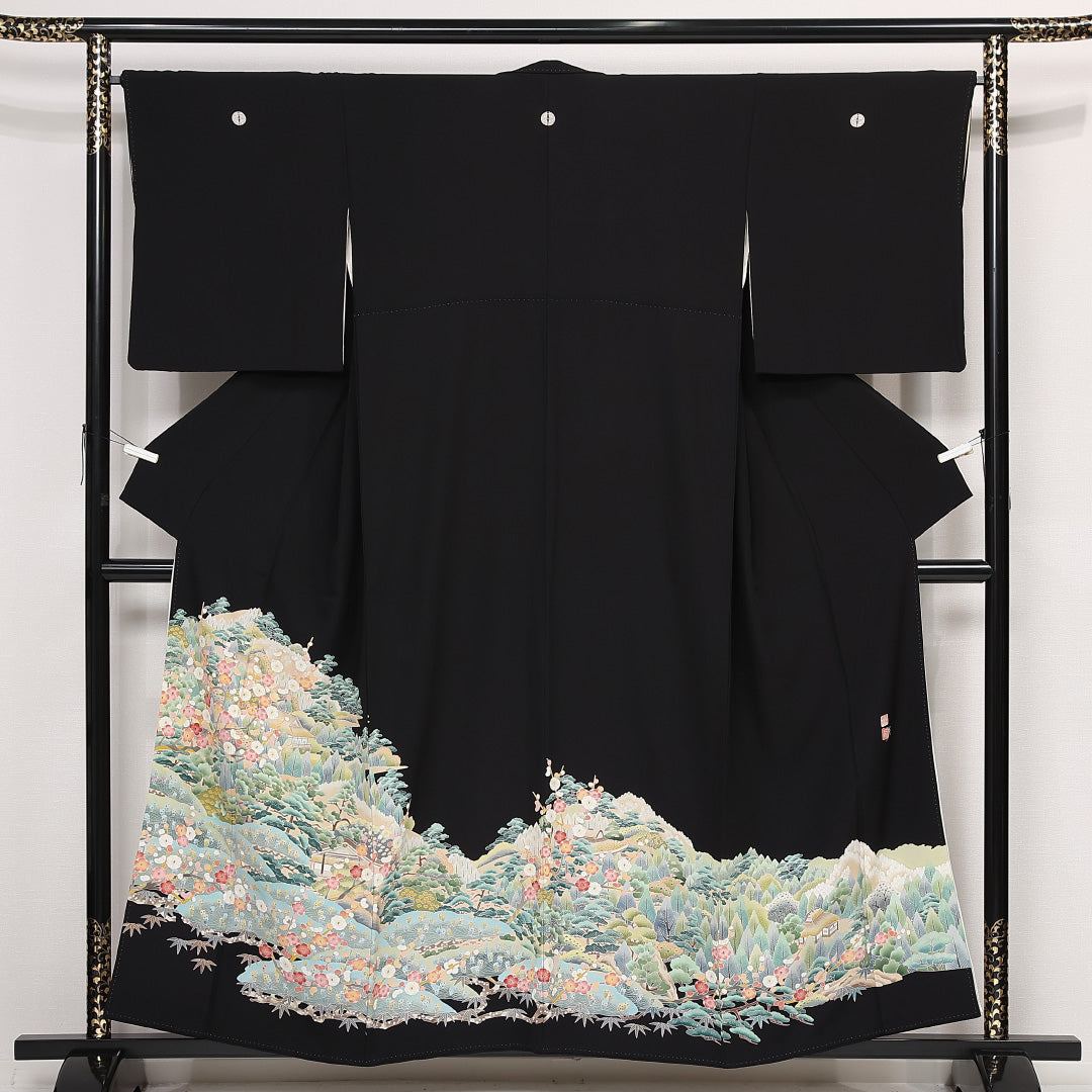 黒留袖 五つ紋 向かい蝶 身丈152cm 裄丈65cm Sランク 正絹 袷 比翼 広衿 S 落款 証紙 加賀友禅 茶屋辻 フォーマル 幻想的 重厚感 黒系 1211-F0561