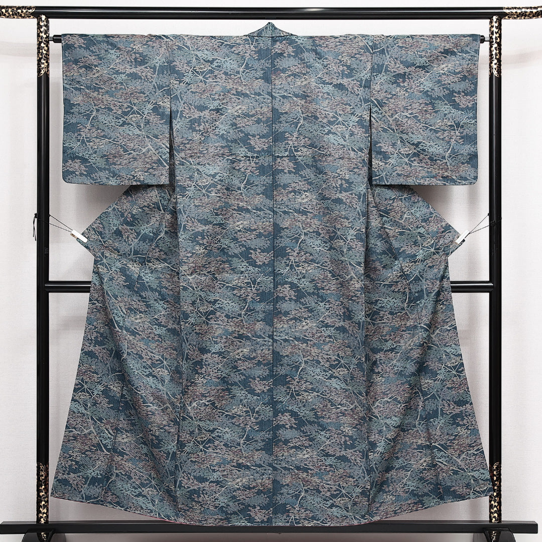 未使用品 洗える着物 ウールの紬 胴抜き 身丈154cm 裄丈64cm ウール Sランク カジュアル バチ衿 Sサイズ しつけ糸 植物柄 青系 RP 1223-14153