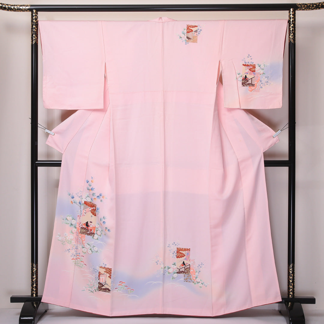 訪問着 袷 身丈162cm 裄丈67cm 正絹 Aランク セミフォーマル 広衿 Lサイズ ぼかし染 金彩 平安絵巻 花柄 ピンク系 HP 1217-04613